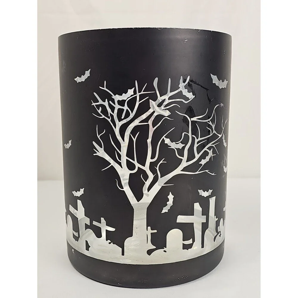 Halloween Cemetery Candle Holder Black Bats Trees Graveyard Luminary